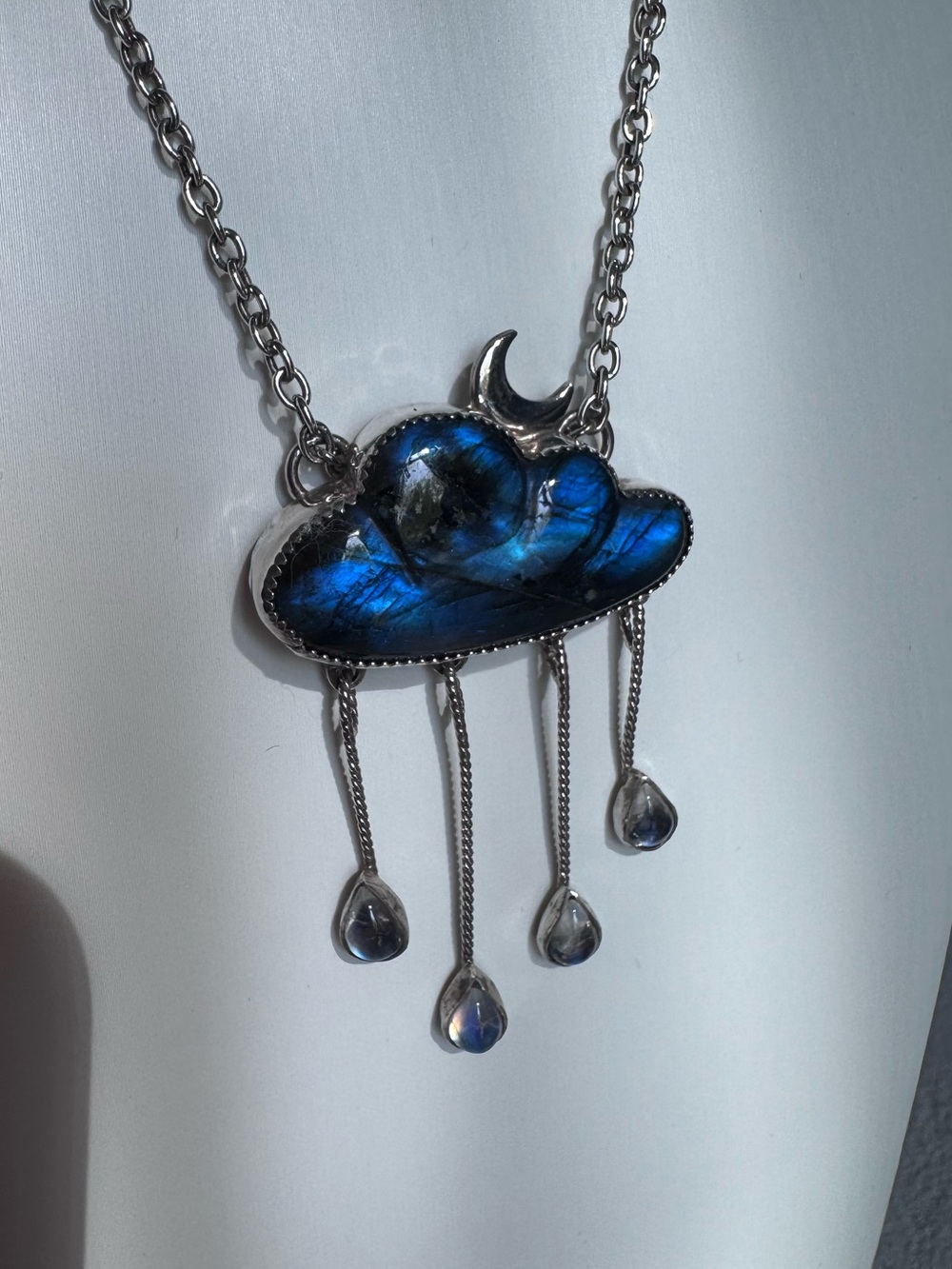 Labradorite Cloud with Moonstone Rain Drops Pendant Necklace